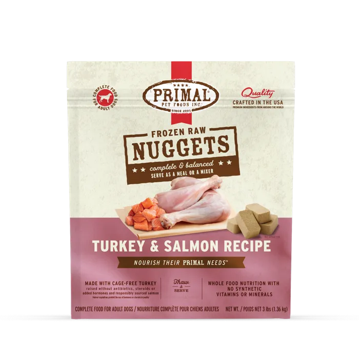 Primal Frozen Raw Nuggets Turkey and Salmon 3 lb bag front