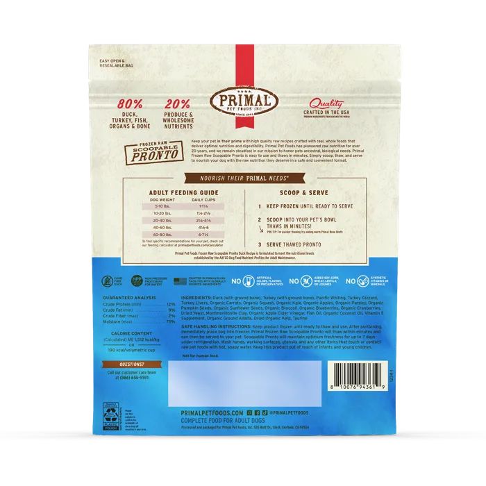 Primal Frozen Raw Scoopable Pronto Duck Recipe 4 lb back