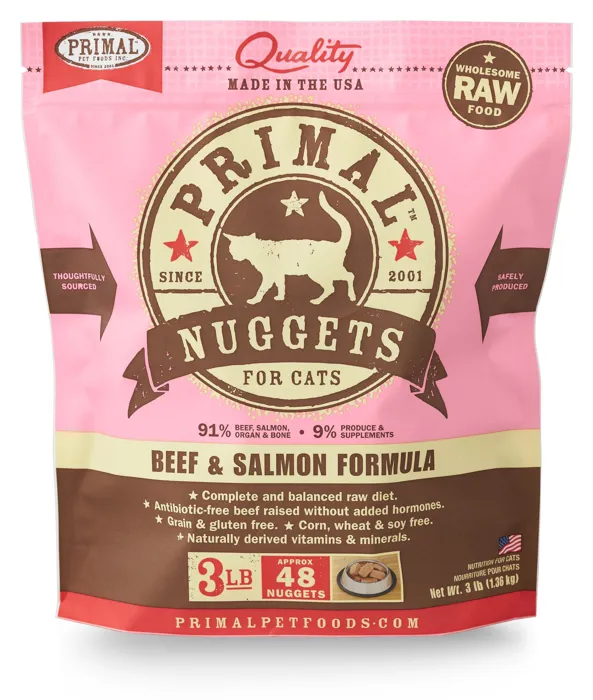 Primal Raw Frozen Feline Beef & Salmon Formula Nuggets Cat Food 3-lb