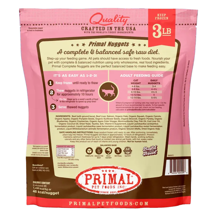 Primal Raw Frozen Feline Beef & Salmon Formula Nuggets Cat Food 3-lb