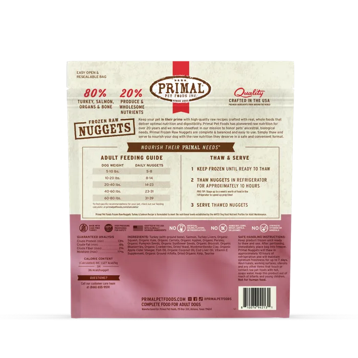 Primal Frozen Raw Nuggets Turkey and Salmon 3 lb bag back